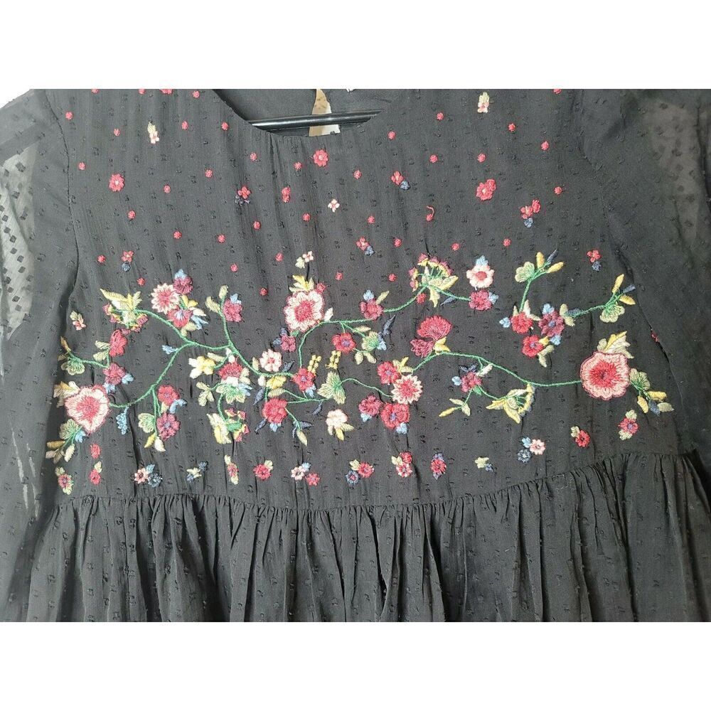 Zara Trafaluc Embroidered Babydoll Swiss Dot Women's Black Shirt Size Medium t33 - Picture 3 of 8